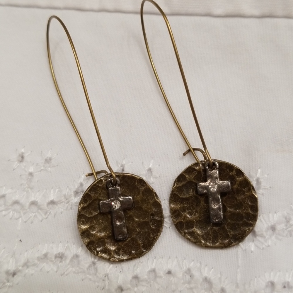 Cross earrings with disk hammered bronze tone - Picture 8 of 8